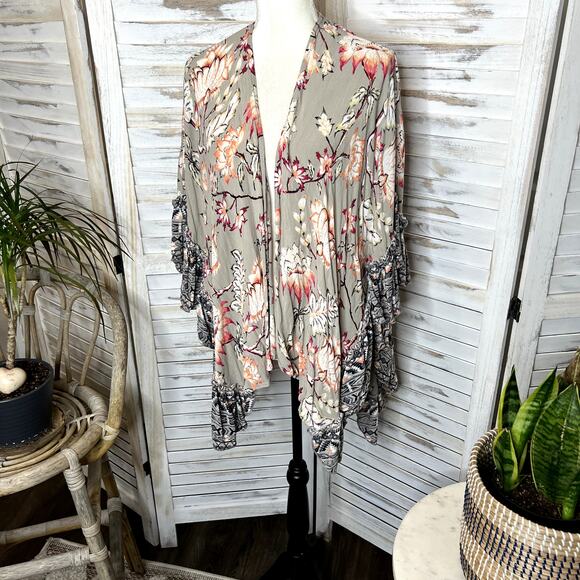 ANGIE Women's Sm Open Front Kimono Top Floral Ruffle Tim Taupe Coral Oversized - Picture 6 of 16